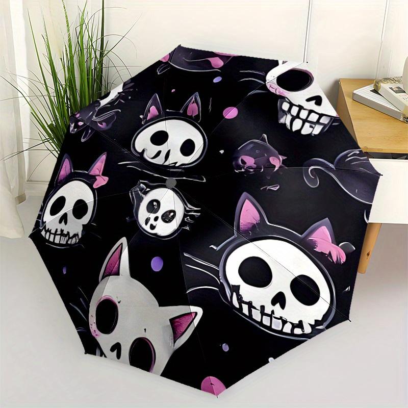 1 pièce Parapluie Automatique Ouverture/Fermeture Chat Crâne avec Protection Anti-Vent, Design Fonctionnel, Toile Robuste à 8 Baleines, Baleines Durables, 034