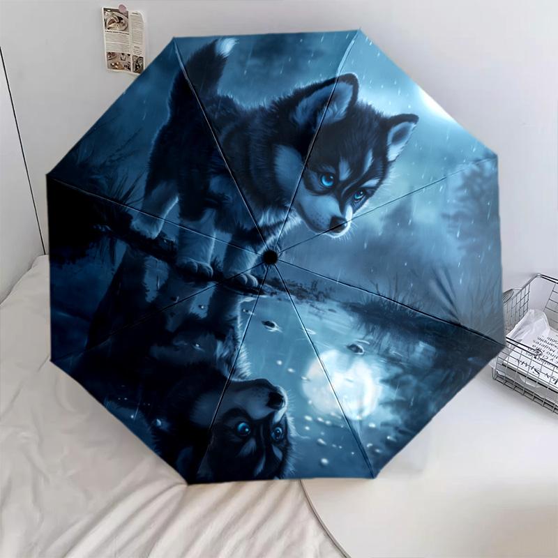 Dog with the Moon  pattern, automatic folding umbrella, portable and foldable design, 8 ribs, a Christmas or birthday gift.