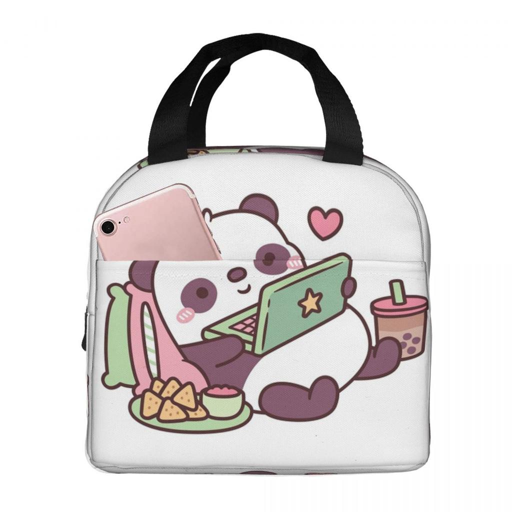 Cartoon Panda Playing Video Games Insulated Lunch Bag for Women Kids Portable Food Boxes Thermal Lunch Box Tote