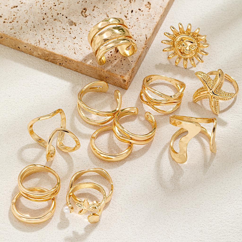 13 Pieces Punk Style Geometric Line Open Ring Multi Piece Set Sun Starfish Women's Ring Set