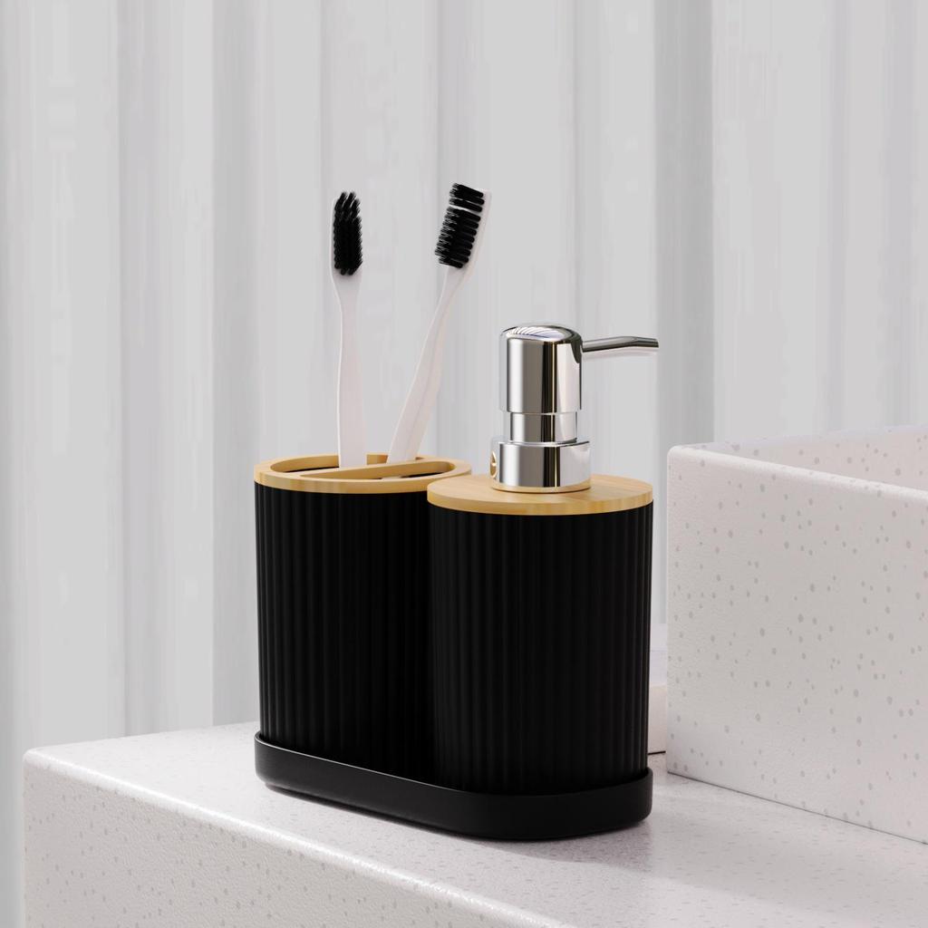 Ensemble de salle de bain en bois de bambou: Comprend Bouteilles, Brosse de Toilette, Porte-Brosse à Dents, Poubelle - 3 Pièces.