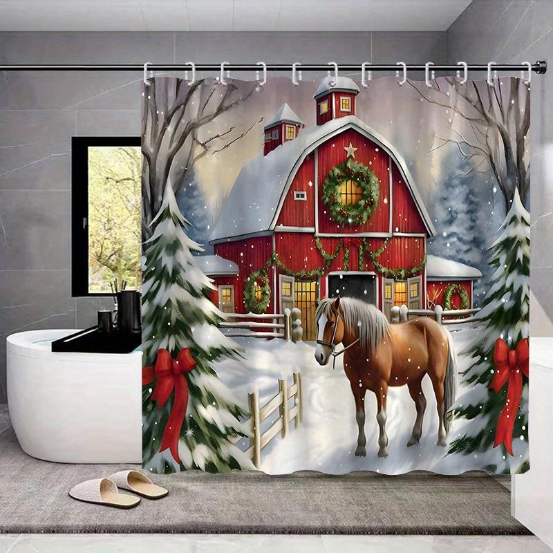 

Festive Christmas Barn Shower Curtain Set With 12 Hooks: Waterproof Toilet Seat Cover, Bathroom Mat, And Non-Slip Rug - Polyeste W60H190(CM)-1 Pcs