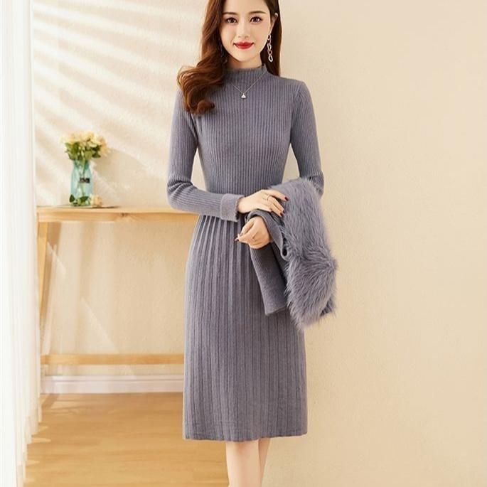 Two-piece Knitted Dress Set for Women Solid Color Long-sleeved Sweater Casual Pullover Warm Pullover Dress Knitwear