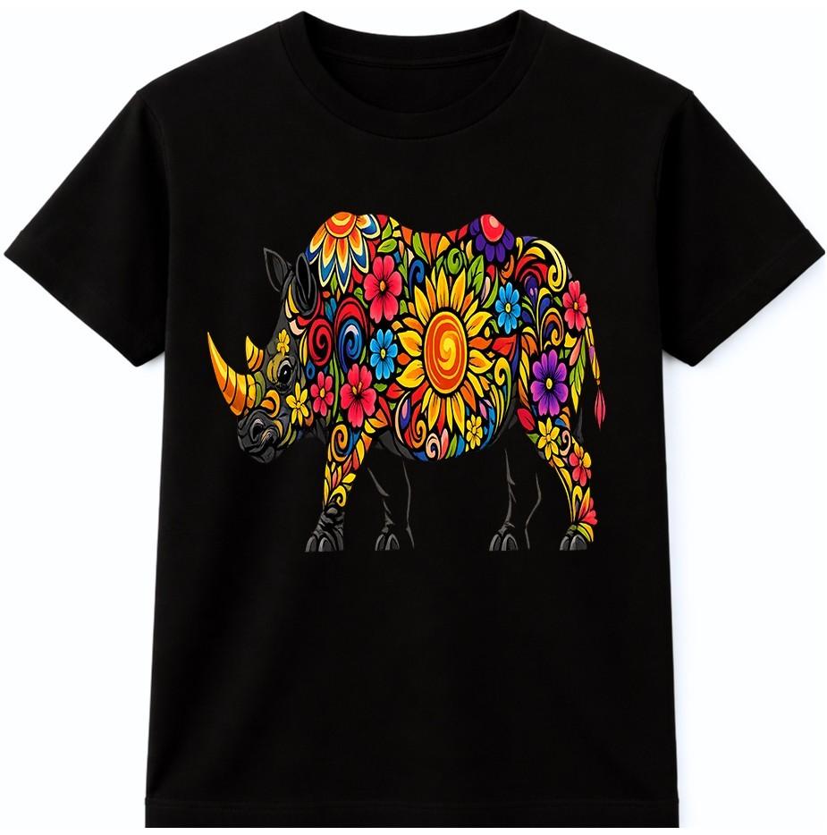 Rhino Floral T Shirt Psychedelic Rhinoceros Animal Art Graphic Tee M