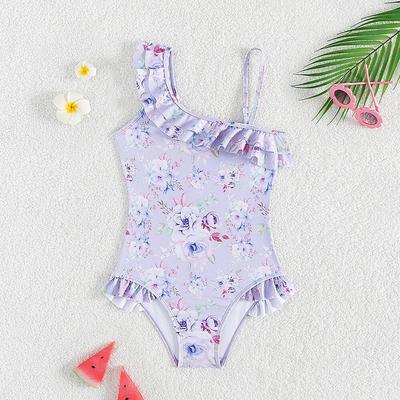 5-14Years Teen Girls One-piece Swimwear Floral Print Ruffles Fly Sleeve Bathing Suits Summer Girls Purple Beach Wear