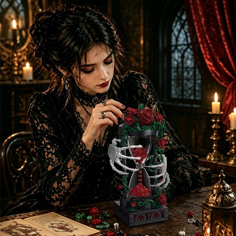 Halloween Gothic Rose Skeleton Hourglass Building Blocks Flower Skull Sand Clock Desktop Decor Bricks Toys Valentine Day Gifts