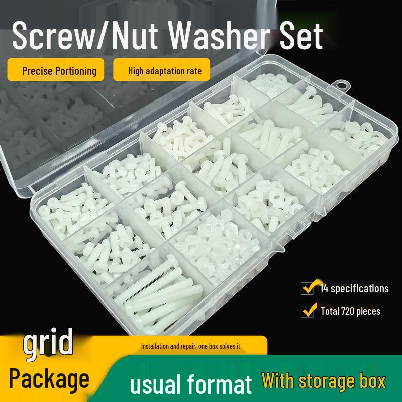 Round Head M3 M4 Nylon Screw Set with Nuts & Washers, Corrosion-Resistant, Insulating, White Plastic Box