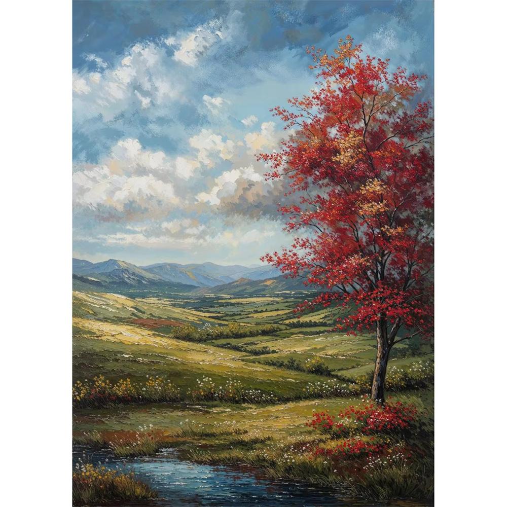 Cabana na Montanha Vista do Vale Caminho de Outono Prado de Verão Floresta de Árvores Nuvem Pôster Pintura em Tela Impressão para Sala de Estar Decoração de Casa