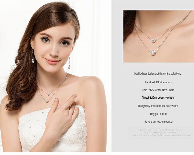 Korean 925 White Gold Clavicle Necklace with Diamond Ball Pendant