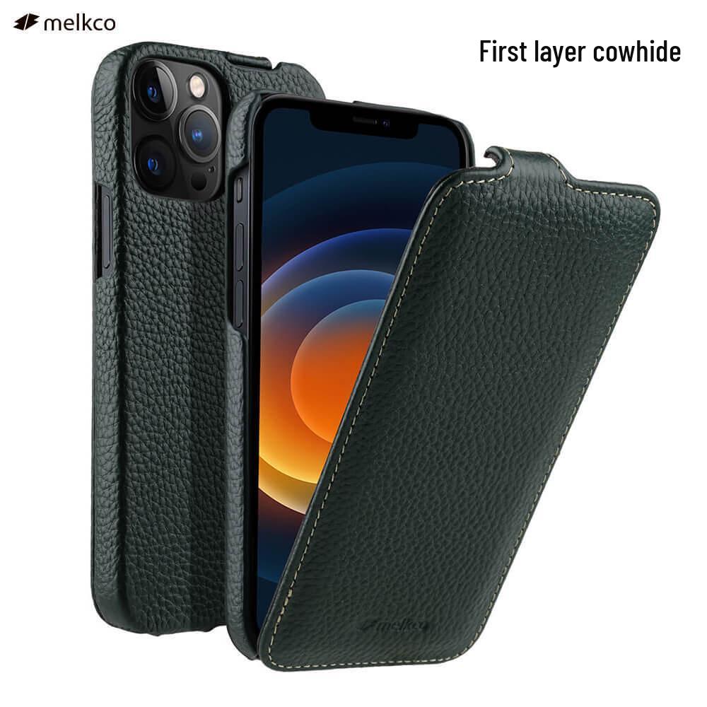 Genuine Leather Flip Cover for Apple iPhone 15 Pro Max, 14 Pro, 13, and 12 Plus