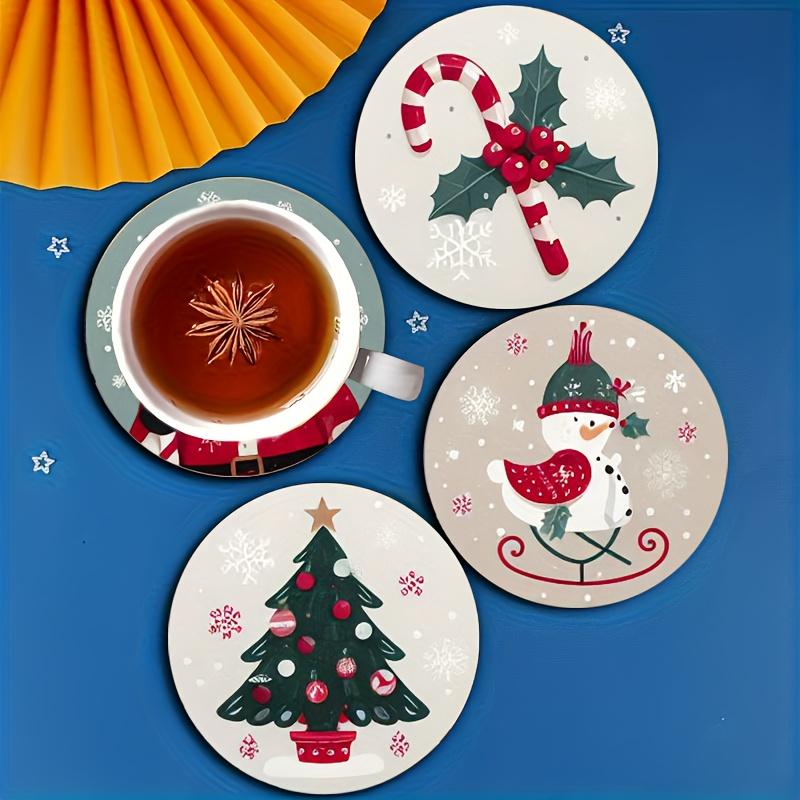 7PCS Christmas Santa Wood Coaster Set - Festive Holiday Drink Mats for Coffee & Tea, Perfect for Home Decor & Restaurant Tables