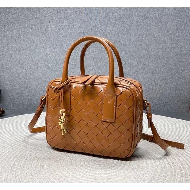 Womens Woven Mini Square Handbag In Genuine Lamb Leather Soft Structured Boston Pillow Bag Daily Wear