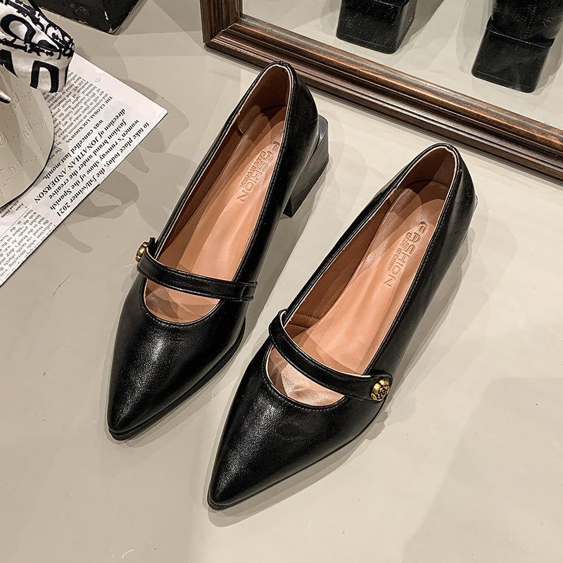 Pointed commuter shallow mouth single shoes women's spring and autumn French retro casual evening thick heel fashion Mary Jane small leather shoes