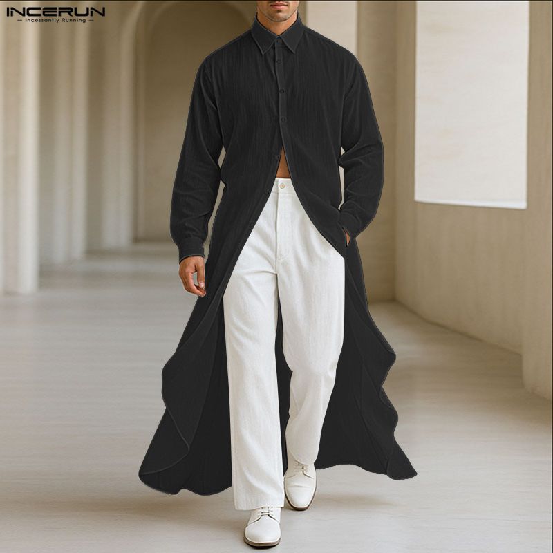 INCERUN Bărbați Guler Revers Mânecă Lungă Nasturi Tiv Neregulat Fante Înalte Cămăși Lungi Tunică