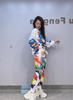 European & American Women's Autumn Round Neck Long Sleeve Hoodie and Pant Set with Rhinestone Print - Plus Size Available