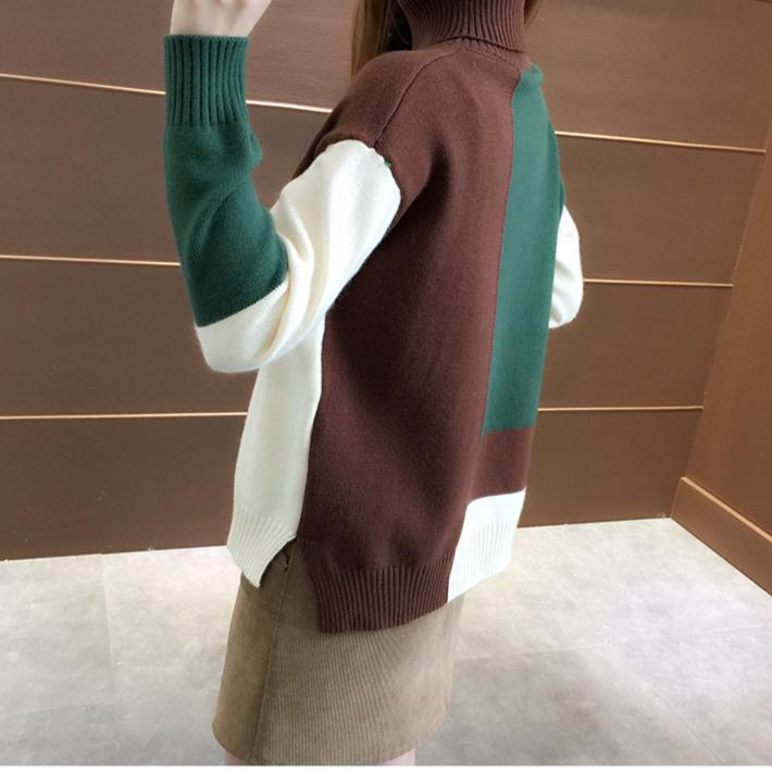 Fall/Winter Women Turtleneck Sweater Loose Color-Block Thick Pullover Knitwear Stretch Long-sleeved Split Knit Top Jumper Outwear