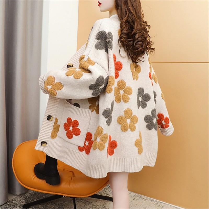 Women's Color Block Jacquard Knit Cardigan - Korean Style Loose Fit for Autumn and Winter.