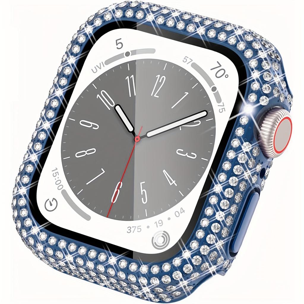 Rhinestone-Encrusted Tempered Glass PC Case for iWatch SE/9-1 Fits 38/40/41/42/44/45mm For Apple Watch Protective Cover