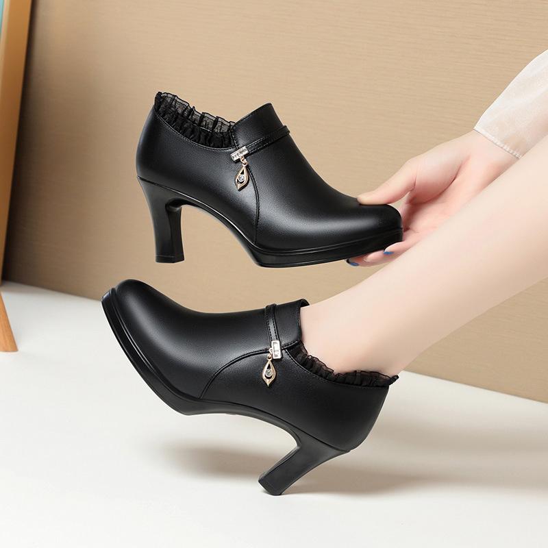 Fashion High Heeled Single Shoes Soft Sole Soft Surface Comfortable Deep Mouth Fashionable Plus Velvet Warm Women's Leather Shoes