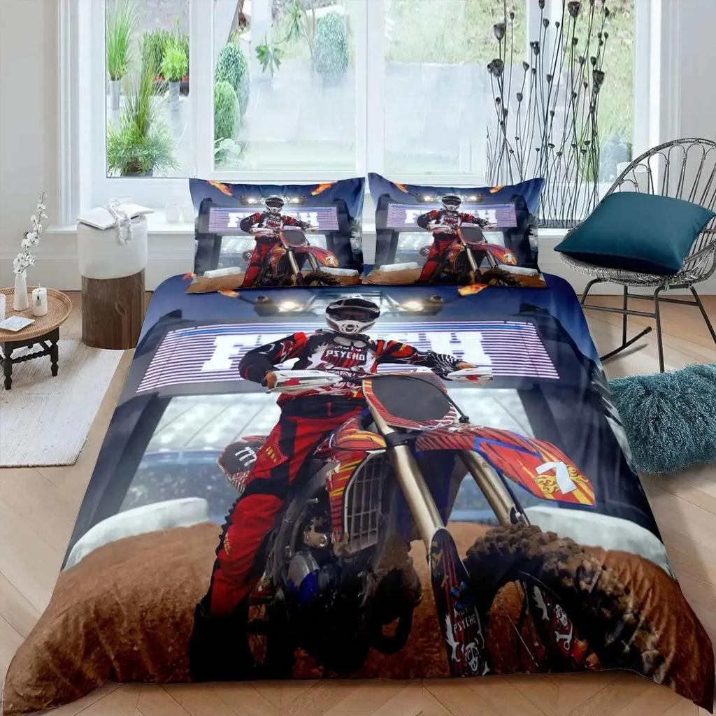 Dirt Bike Duvet Cover Set,Sports Biker Motocross Racing Moves Theme Bedding Sets,Youth Cool Teen Boys Comforter Cover Set
