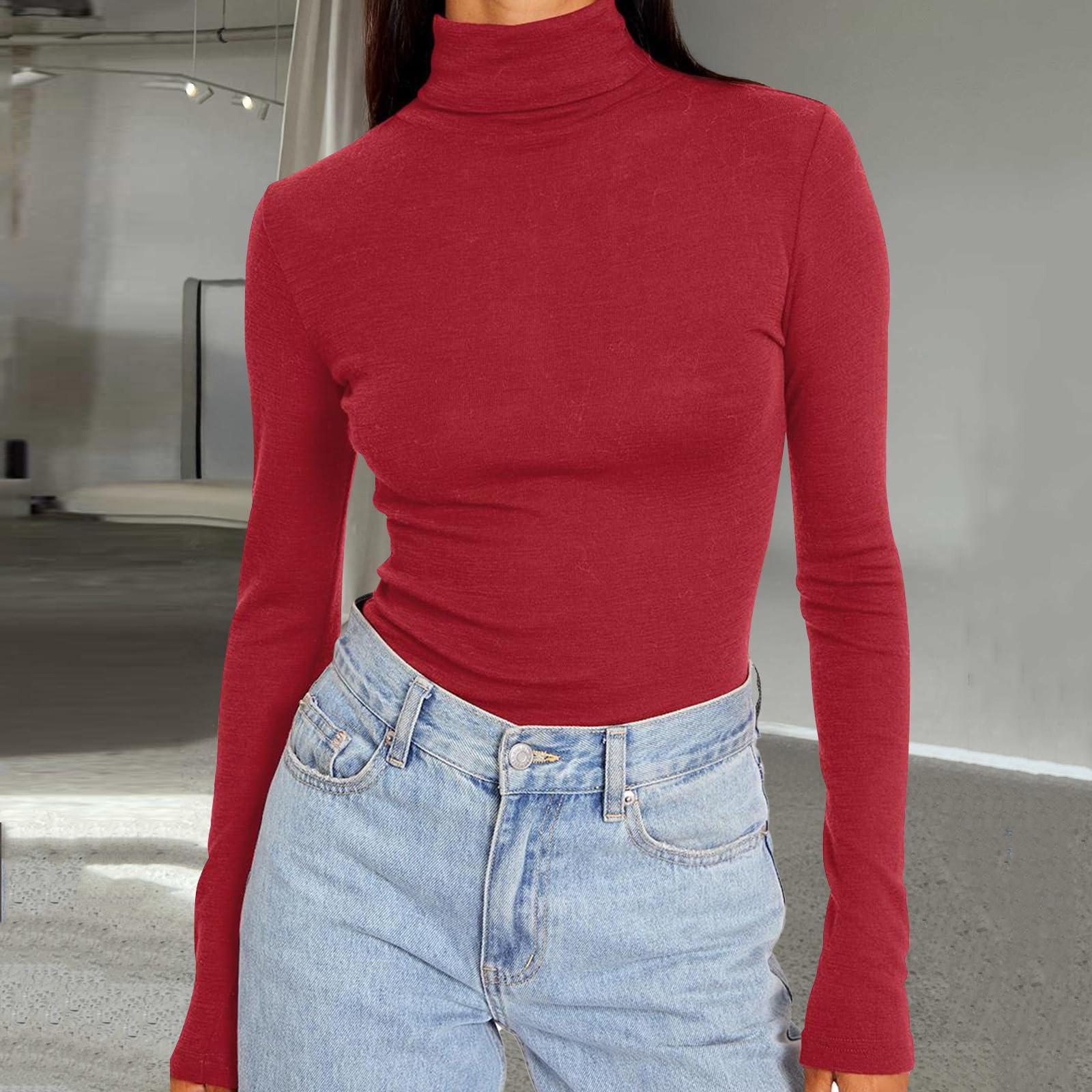 

Women s Fashionable Turtleneck Long-Sleeved Shirt Warm Base Layer Top Solid Colour Blouse M червоний