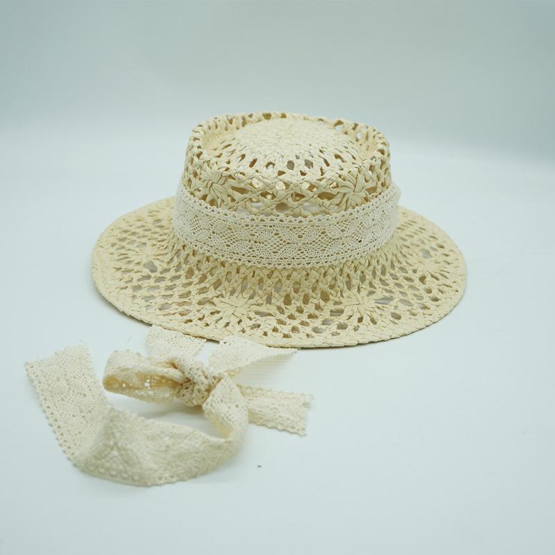 Japanese Korean Version Hollow Woven Beige Flat Top Top Top Hat Women'S Summer Sunshade Vacation Beach Straw Hat Small Fresh And Retro