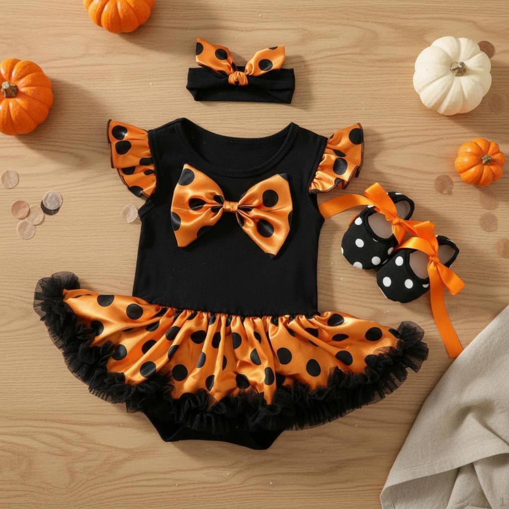 3 Pieces Fluttering Sleeve Tutu Romper Voluminous Tulle Skirt Infant Girl Halloween Costume