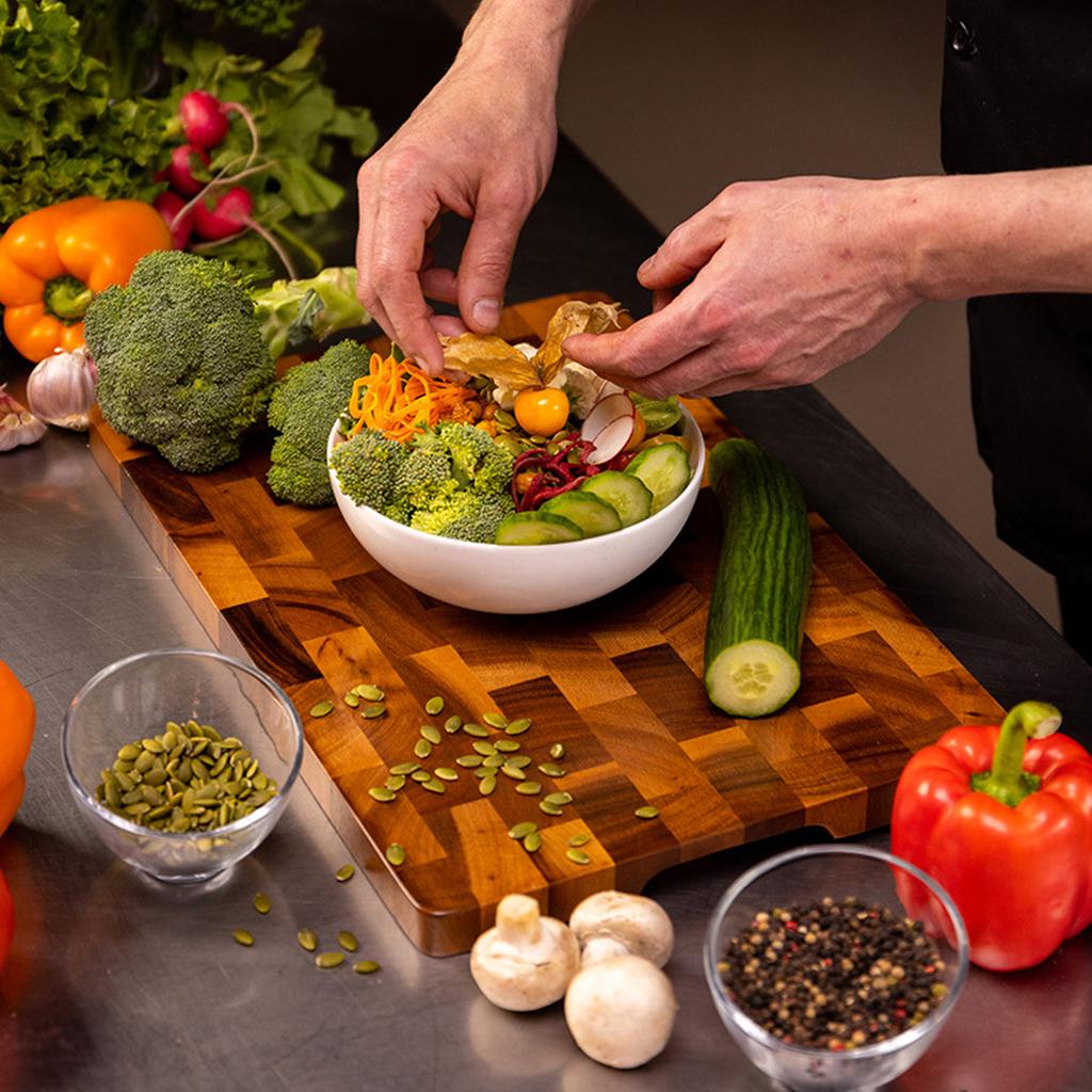 WXCOO Cutting Board Made of High Quality Acacia Wood On Both Sides Stainless Steel Chef Knife Meat Cleaver Kitchen Scissors