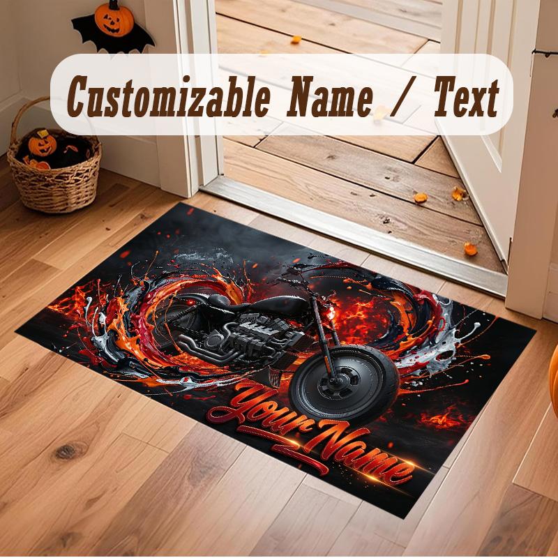Motorcycle Biker Theme Soft Crystal Velvet Rug Custom Name & Text Print Non Slip Floor Rug for Bedroom Living Room