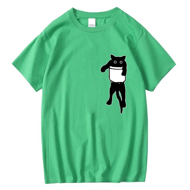 Men's High Quality T-shirt 100% Cotton Funny Pocket Cat Print Summer Loose Cool O-neck T Shirt for Men Short Sleeve Male Tees