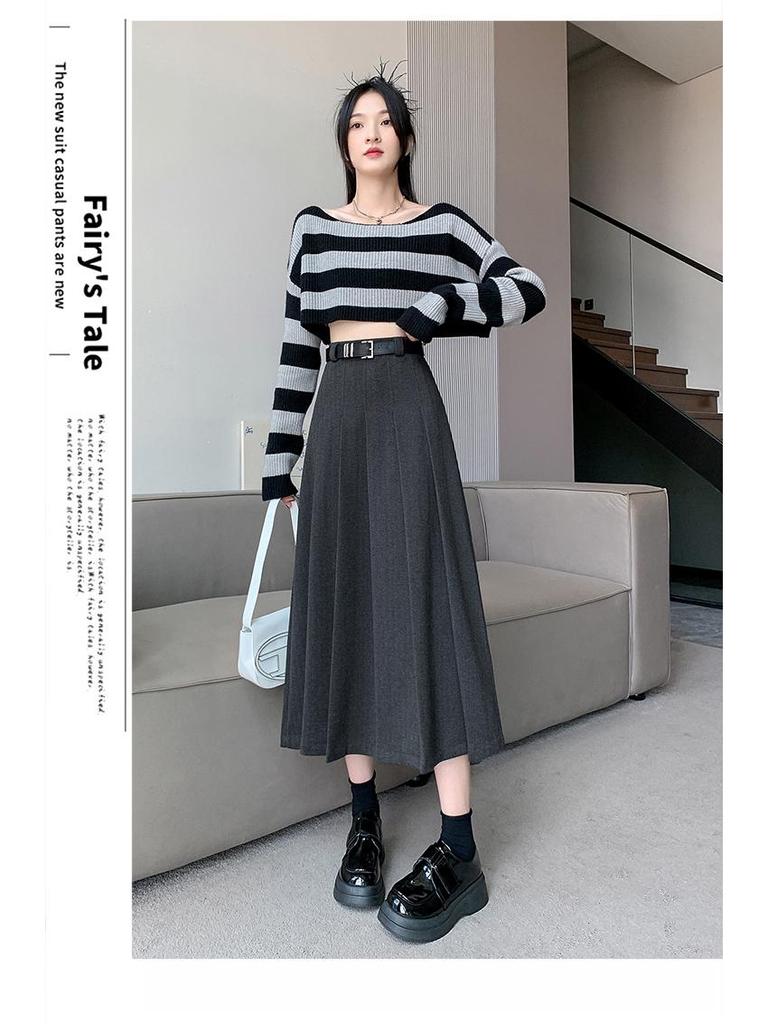 High-Waisted A-Line Pleated Midi Skirt - Elegant, Slimming Autumn Style for Women