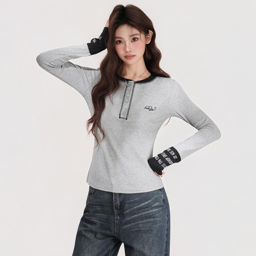 Contrasting Color Splicing Design Sense Letter Embroidery Long-sleeved T-shirt Women's Autumn and Winter New Slim and Thin Bottoming Top