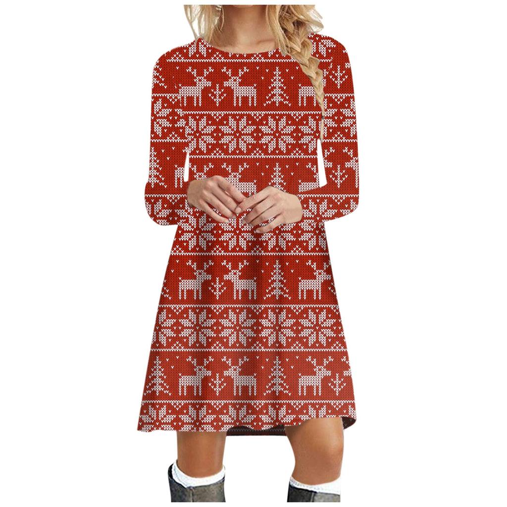 Women's  And Winter Round Neck Long Sleeve Christmas Print Dress