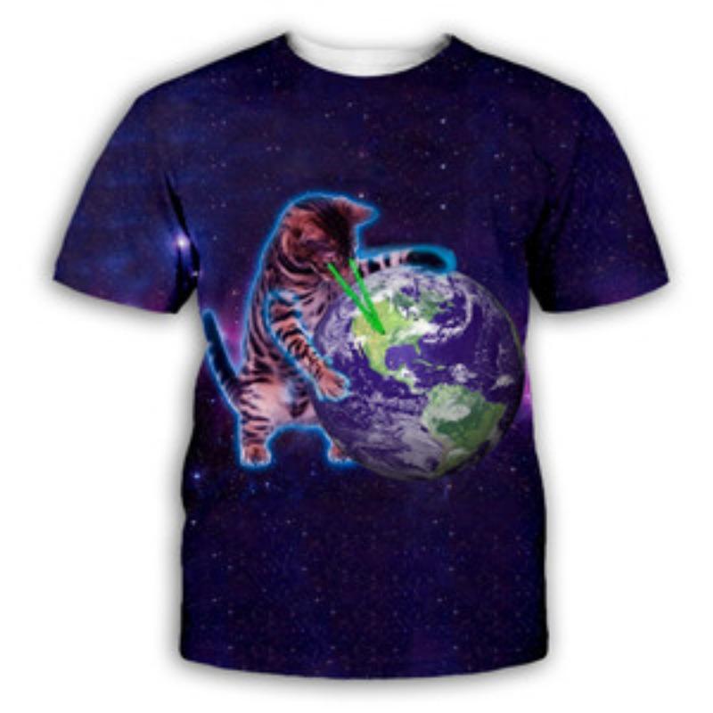 PLstar Cosmos DJ Pizza Katze T-Shirt Herren Damen Tier 3D T-Shirt Hip Hop Sommer Kurzarm Atmungsaktives T-Shirt Große Größen