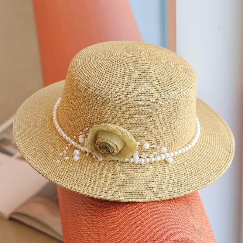 Rose Manor~ Romantic Temperament Pearl Chain Seaside Holiday Straw Hat Women's Spring and Summer Sunscreen Flat Top Hat