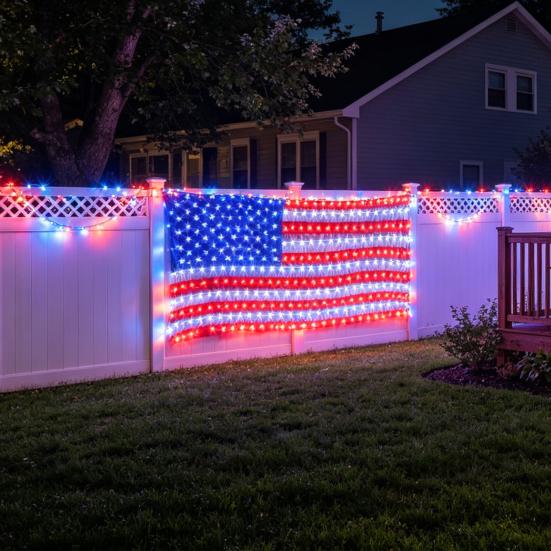 Amerikanische Flagge Netzlicht mit 420 ultrahellen LEDs Wasserdichte LED-Flaggen-Lichterkette für Hof Garten Gedenktag Unabhängigkeitstag
