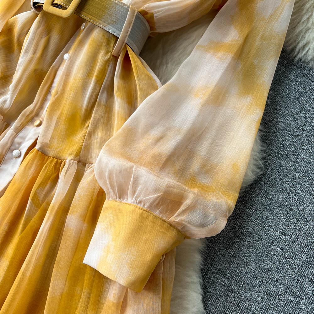 Women French Fashion Single Breasted V Neck Long Dress With Belt Summer Autumn Elegant Print A-line Robe Female Holiday Clothes