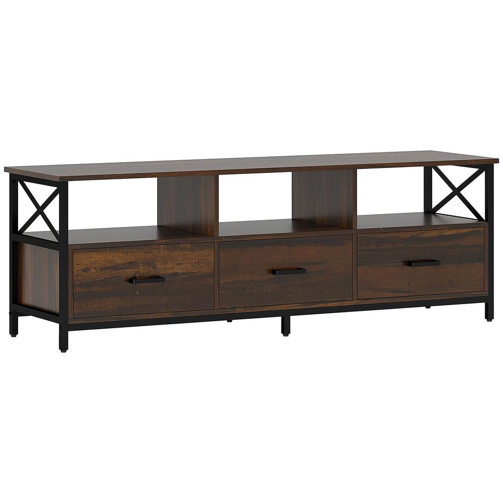 Industrial TV Stand with 3 Drawers and 3 Open Shelves, in Wood and Steel, 147x40x50 cm, Black and Brown