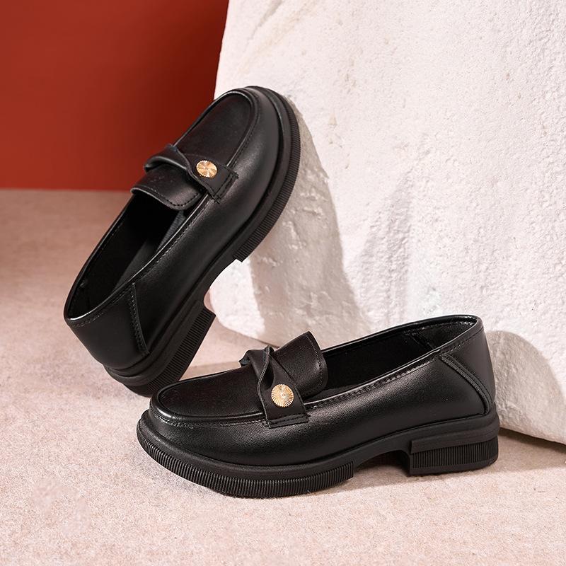 Retro round head black one-pedal thick-soled small leather shoes for women, comfortable, non-slip, flat-soled and wear-resistant women's shoes