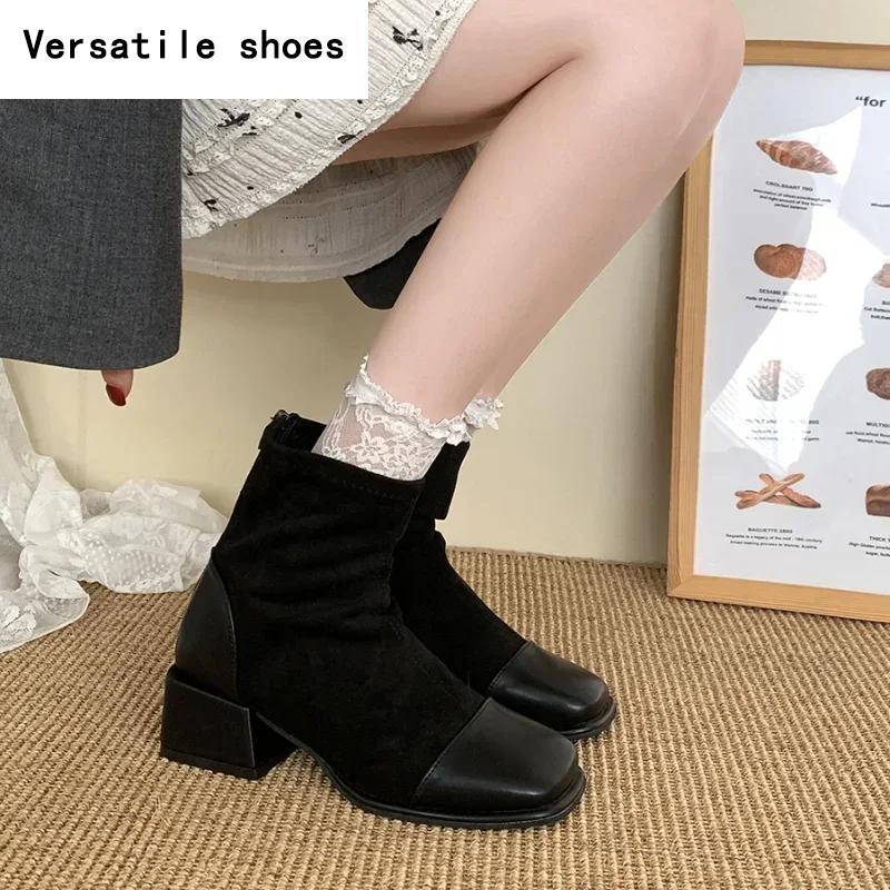 Cizme scurte pentru slăbire elastice pentru femei Fermoare din spate la modă Pantofi cu toc mic Toamna iarnă Botine noi pentru femei
