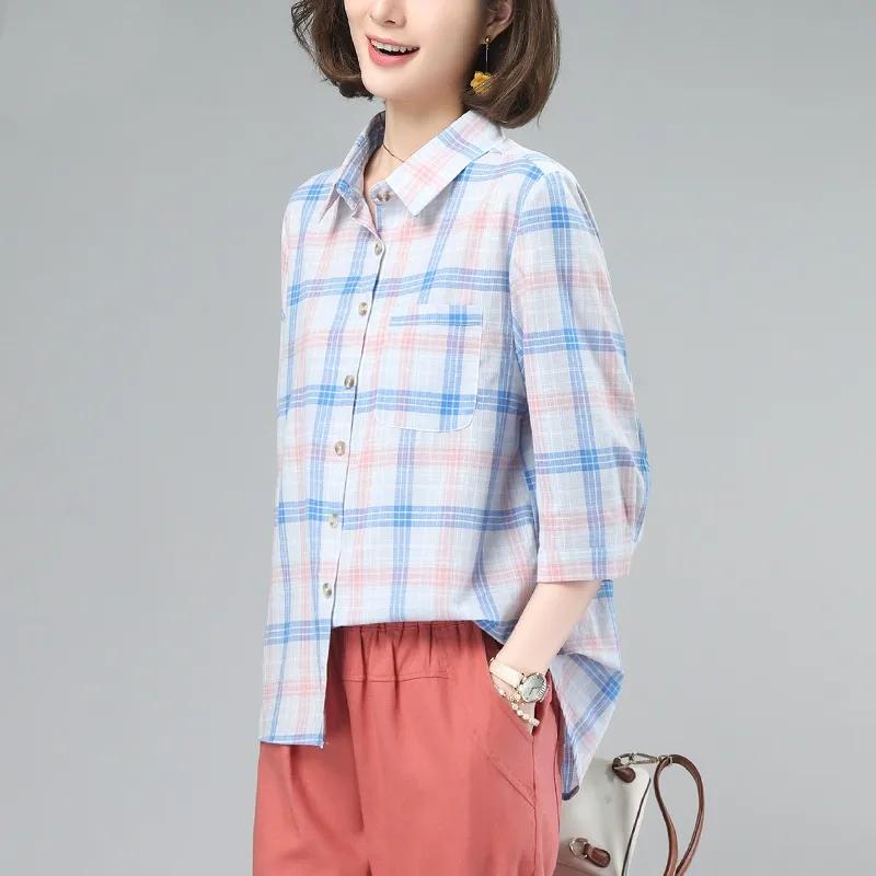 Summer Breathable Linen Top Women's Pink Blue Plaid Collared Shirt