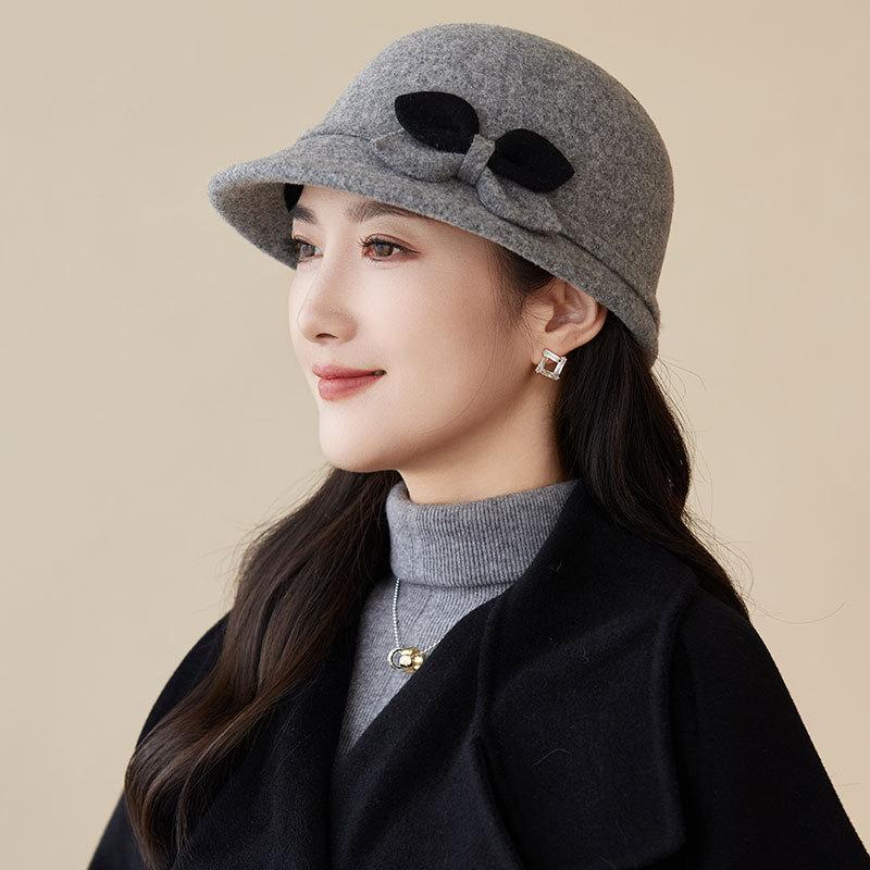 Autumn and Winter Basin Hat Retro Hepburn Style Bow Bucket Hat Ladies Elegant Woolen Fashion Basin Hat