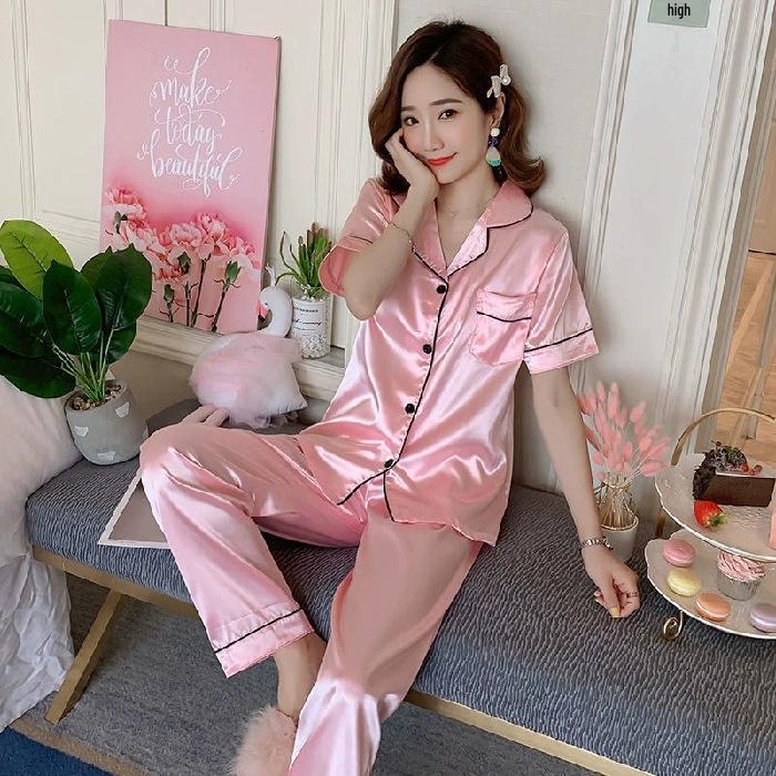 Women’s 2024 Spring/Summer Ice Silk Plaid Pajamas - Long-Sleeved Two-Piece Set