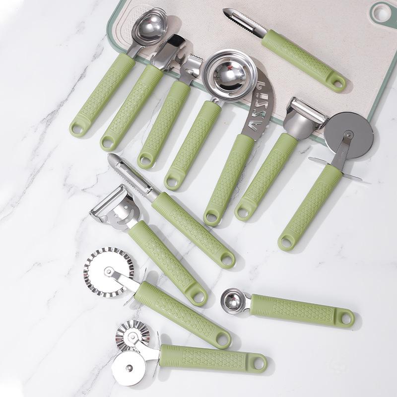 Multifunctional Kitchen Utensil Set: Stainless Steel Y-Handle Tools - Can Opener, Pizza Cutter, Cake Spatula