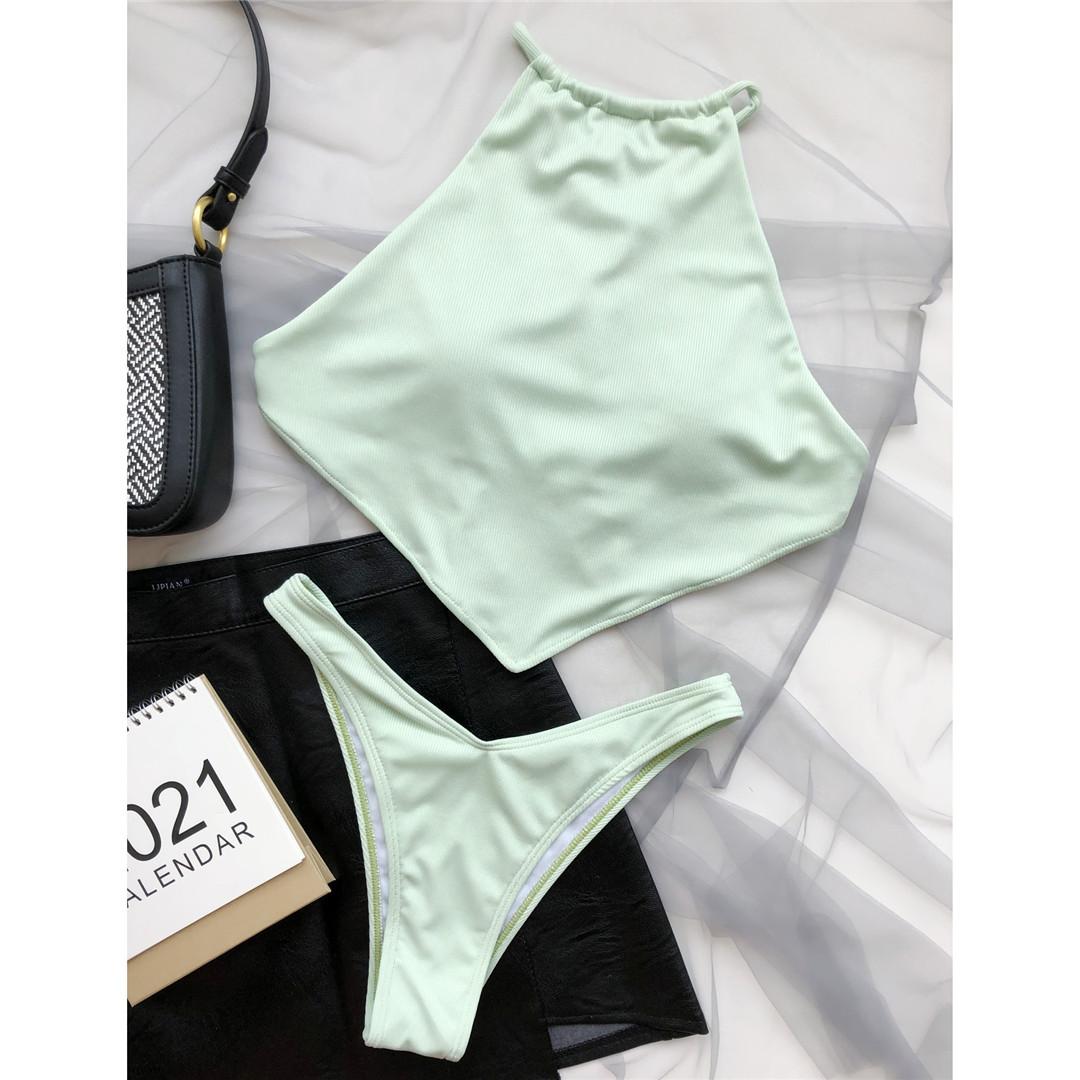 

Бикини с высоким вырезом и перекрестием на спине, высокий вырез в рубчик, женские купальники, женский купальник, комплект бикини из двух частей, купальный костюм для плавания M зелёный