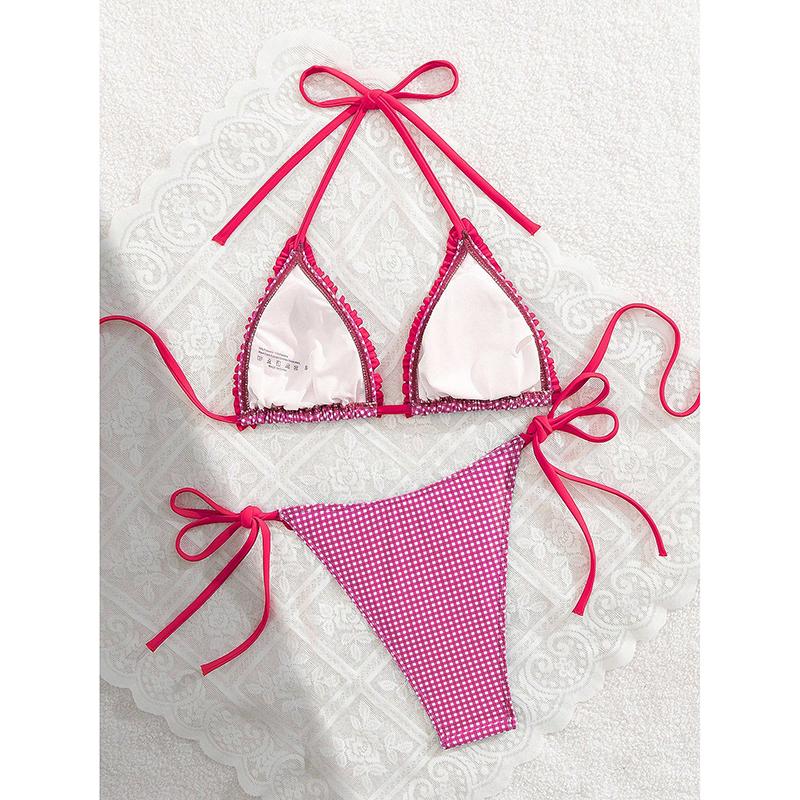 Sexy Pink Plaid Bikini Women Lace Trim Push Up Bra Tie Side Thong Swimsuit Beach Bathing Suit Holiday Swimwear