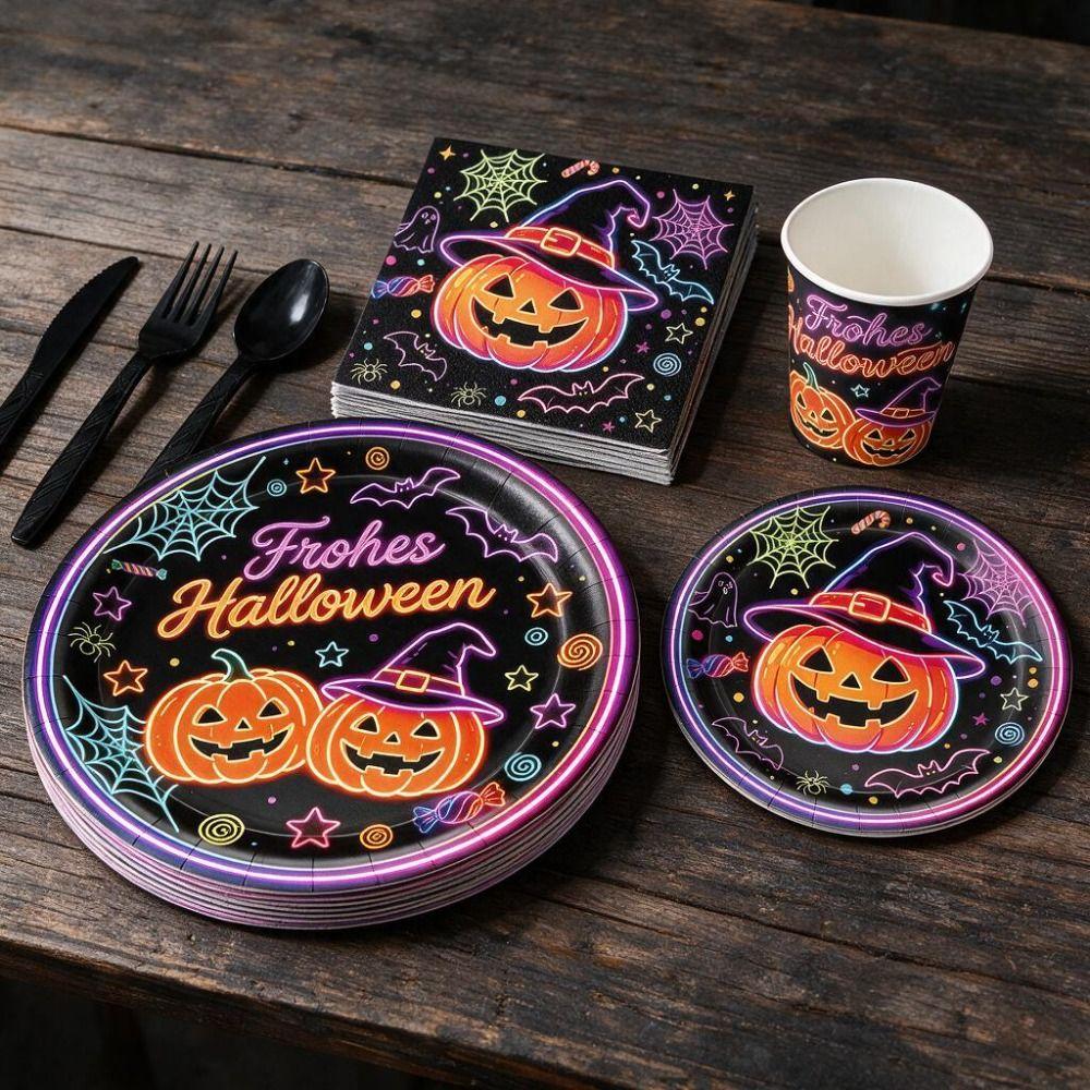 Thickened Neon Pumpkin Disposable Tableware Set Eco-friendly No Sagging Halloween Party Dinnerware Kit Waterproof