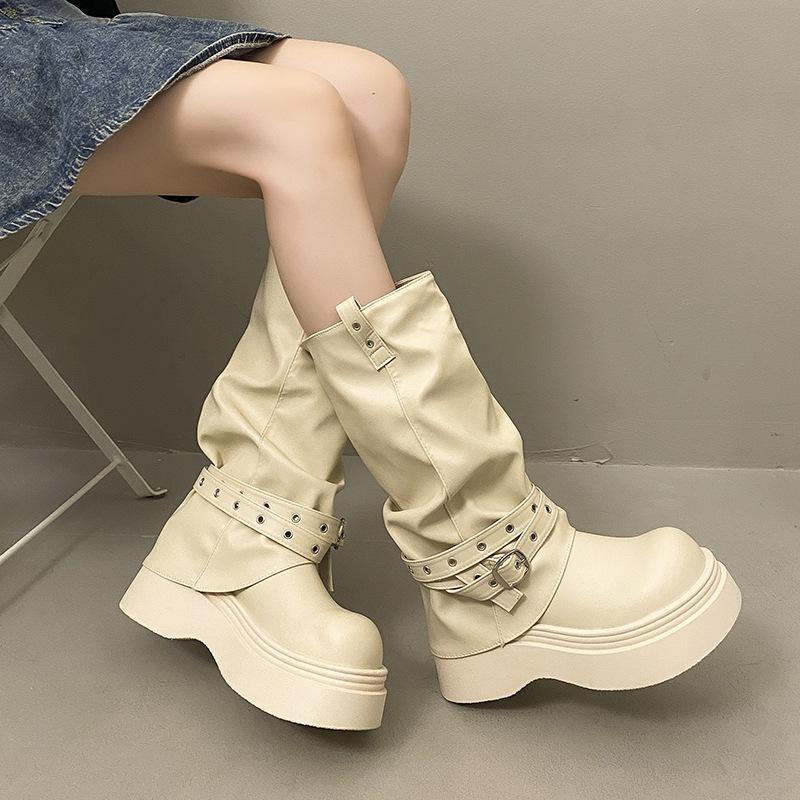 

Белые ретро ботинки на платформе женские ботинки 2025 новая осень универсальные небольшие увеличивающие рост и стройнящие ботильоны 40 бежевый