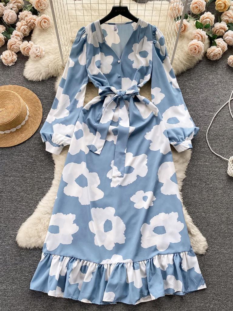 Fashion Flower Print Γυναικείο Φόρεμα Φθινοπωρινό Κομψό Vintage Επίδεσμος Μακρύ μάξι Φόρεμα με βολάν πάρτι Vestidos