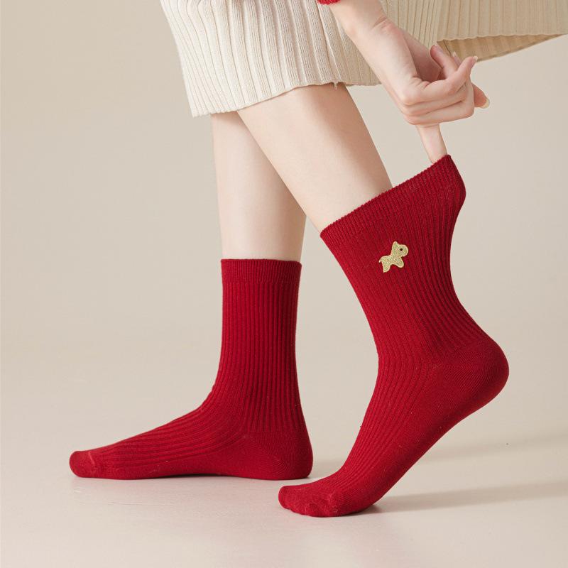 New Year Golden Embroidered Big Red Socks, Golden Horse Heart Bow, Simple Mid-calf Cotton Socks